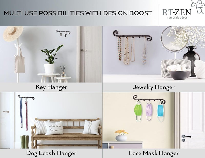 RTZEN Farmhouse Small Key Holder for Wall - Handcrafted Swirl Decorative 5 Key Hooks for Home Entryway - Wrought Iron Wall Mount Rack Purse Coat and Leash Holder or Organizer (Classic Black) - Image 5